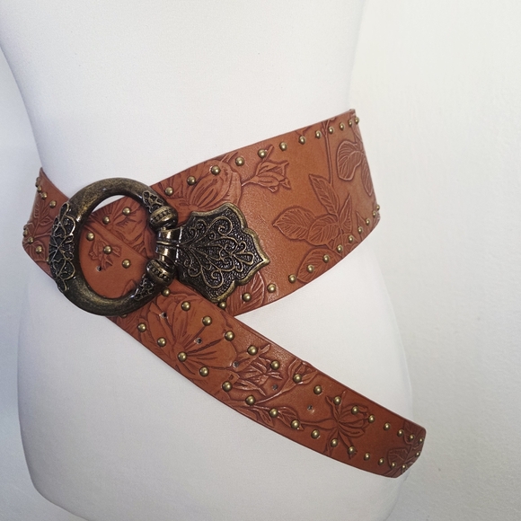 Brown Studded Belt with Brass Color Buckle - Picture 7 of 10